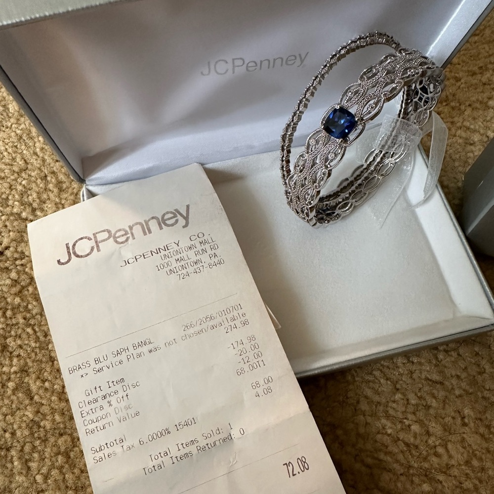 BRAND NEW IN BOX JCPenney brass blue sapphire bangle set (set of three)